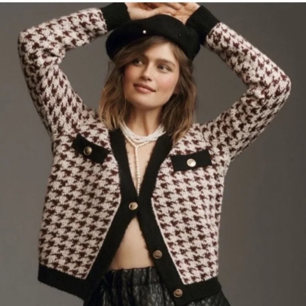 Anthro Maeve Houndstooth Cardigan with Gold buttons - Picture 1 of 6